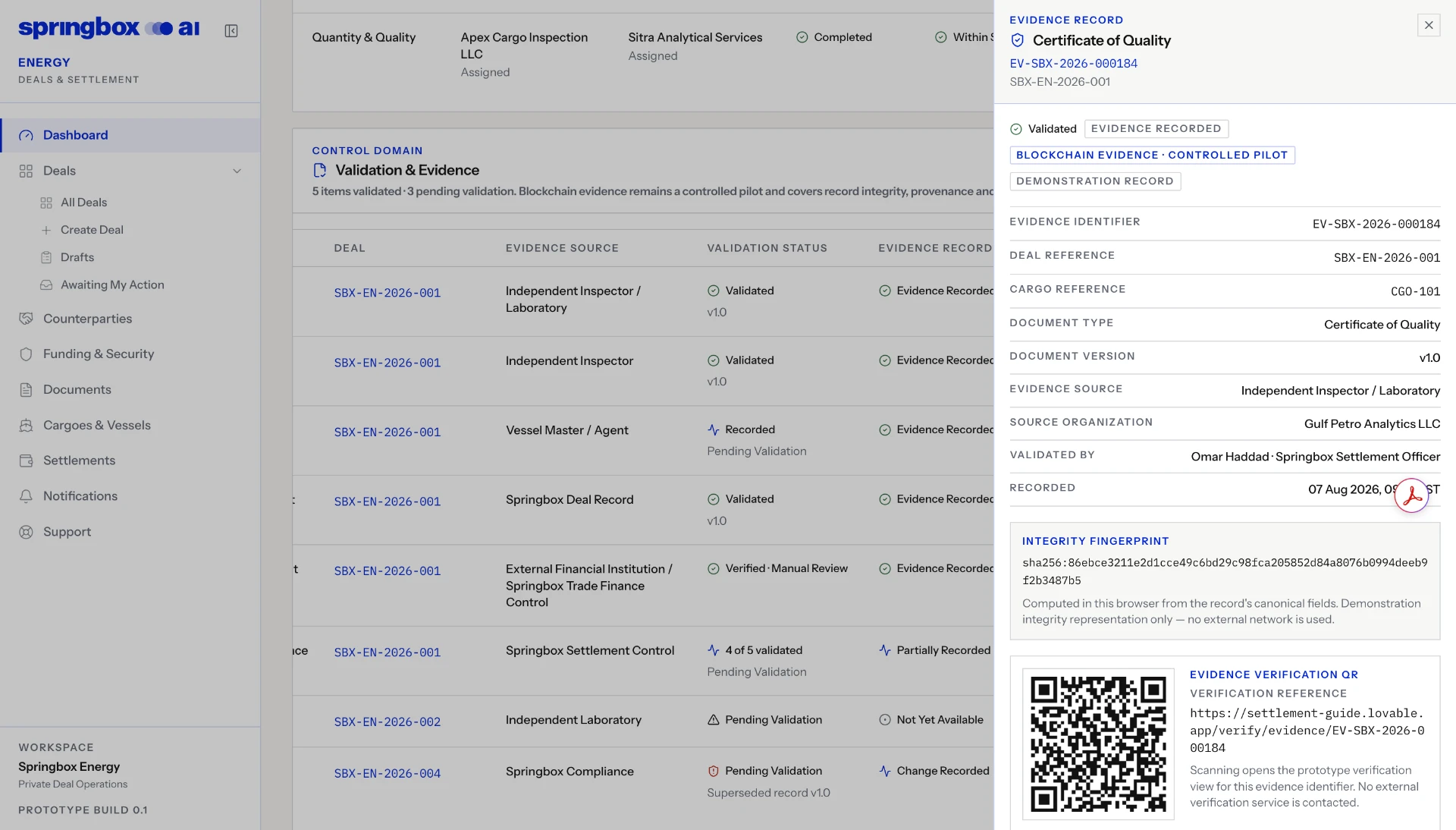Springbox Energy evidence record panel for a Certificate of Quality showing validation status, integrity fingerprint and verification QR